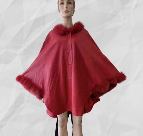 Damen ledermantel rot pelzrand - rot,